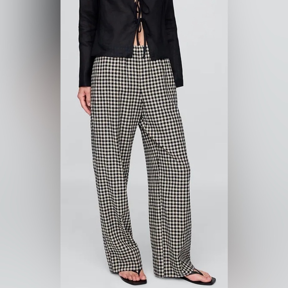 Gap Linen-Blend Easy Wide-Hem Gingham Check Pants NWOT S Beachy Vacation Cruise